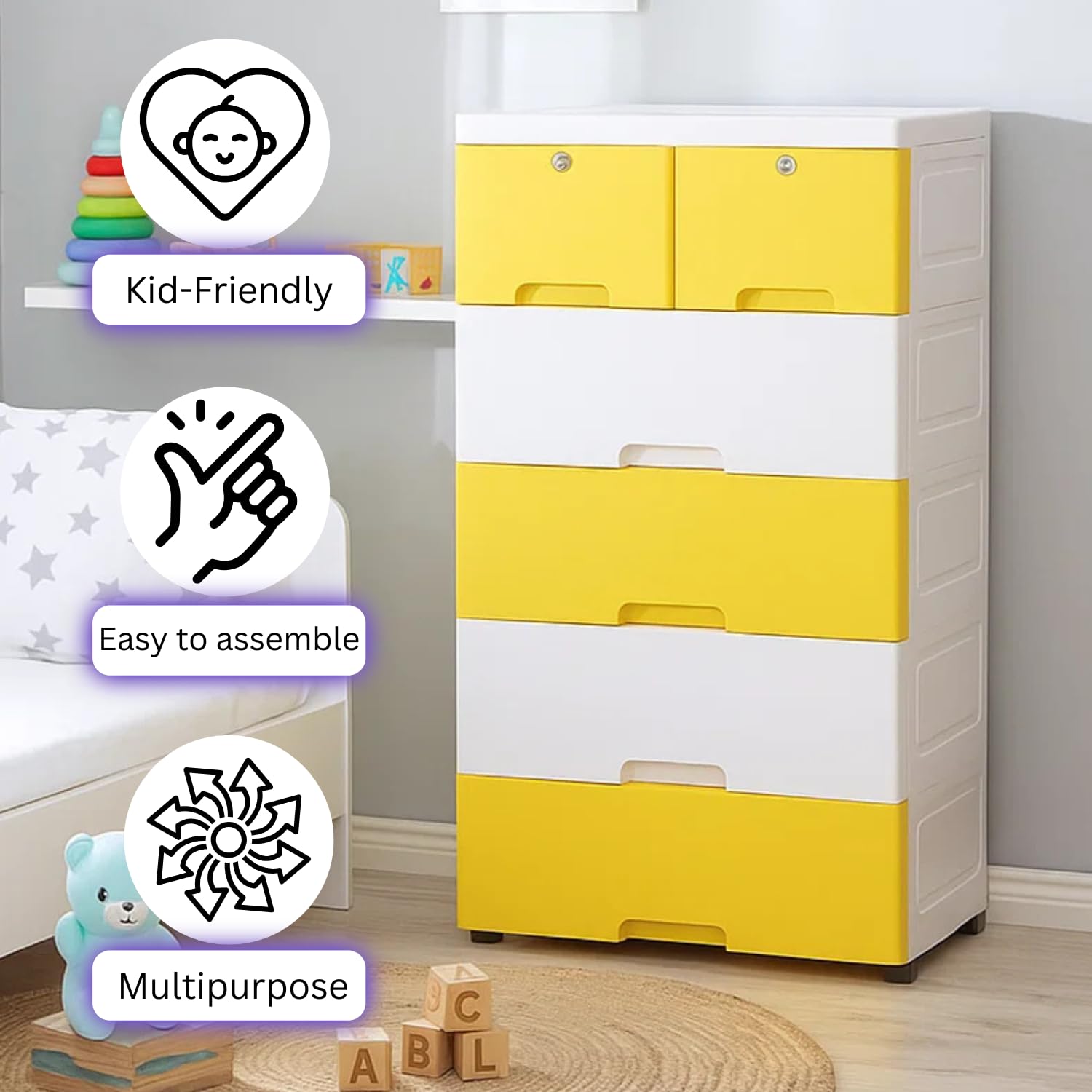 The Tickle Toe 6-Drawer Plastic Chest for Kids | Yellow White Storage Cabinet with Locking Drawers | Multi-Purpose Organizer for Clothes & Toys | 44L x 28.5W x 82H cm 4