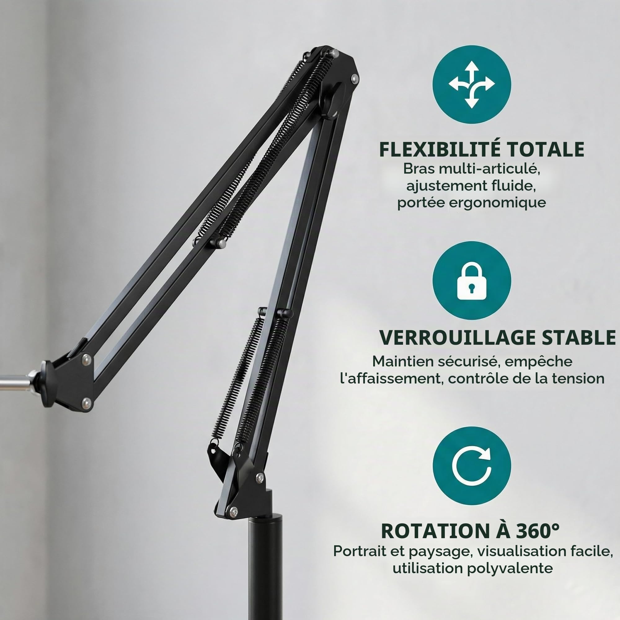 Support Tablette de Sol, Support Tablette de Pied sur Sol avec Bras Articulé Réglable Support de Tablette Réglable en Hauteur 75-140cm, Pivotant à 360° pour iPad,Tablette de 4 à 12,9 Pouce