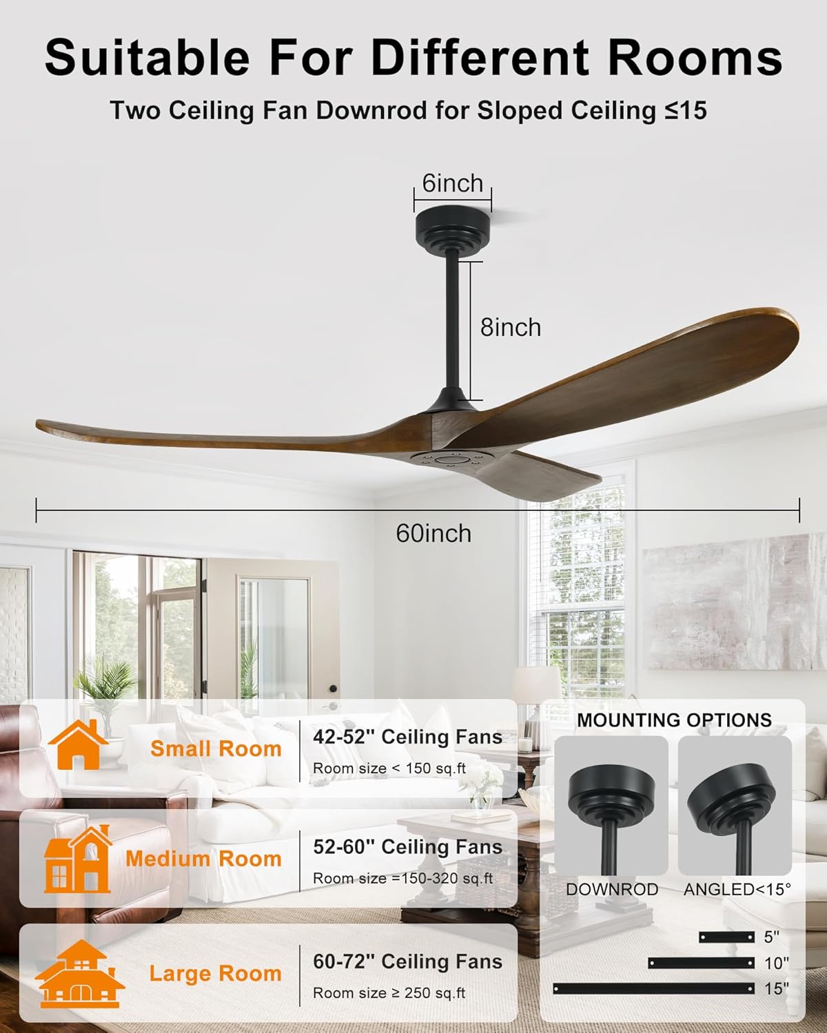 60" Wood Ceiling Fan no Light, Smart Ceiling Fans without Lights with Alexa Google App, Indoor Outdoor Ceiling Fan no Light for Bedroom Porch Modern Propeller 3 Blade High CFM Motor, Bronze