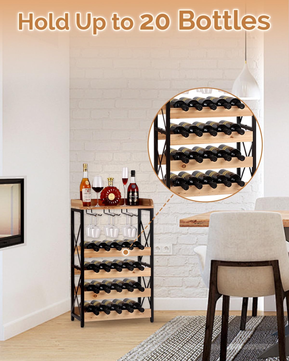 KATHY&BOB Morden Wood Wine Rack Freestanding Floor, 5-Tier Wine Storage Shelf with Wobble-Free Countertop, 20-Bottle Stackable Wine Glass Holder Rack for Home Bar Kitchen Dining Room (Wood, Small)