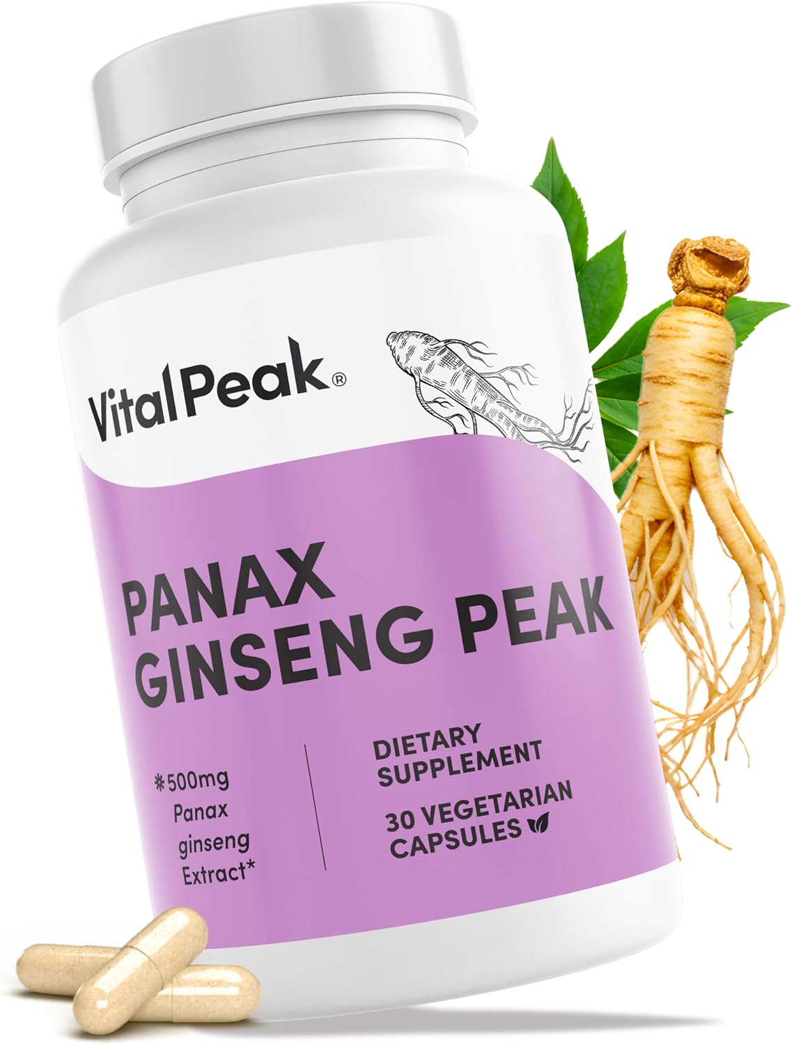 Vital Peak® Panax Ginseng Peak 500 mg - Supports Mental Clarity, Energy & Focus - Panax Ginseng Steam & Leaf Extract Supplement for Women & Men - Vegan, Gluten Free, Dairy Free, Non-GMO - 30 Capsules