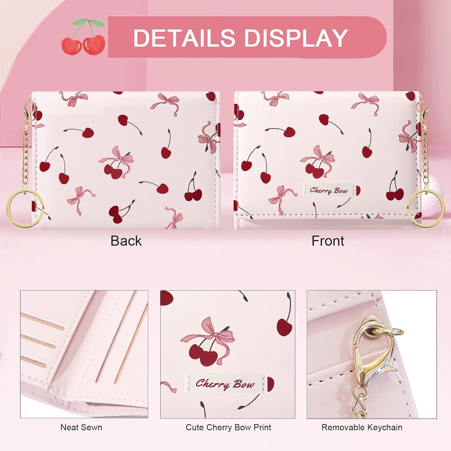 Sunwel Fashion Cute Coquette Bow Wallet with Key-chain Aesthetic Card Holder ID Window for Women Girls (367PINK) - Image 4