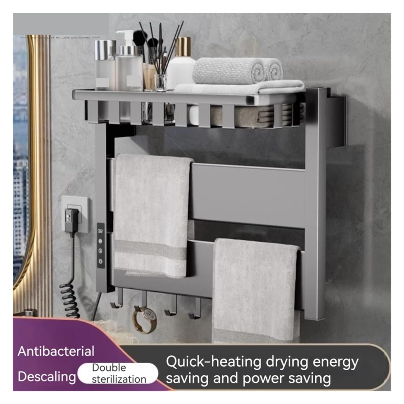 Portasciugamani Elettrico A Temperatura Controllata for La Casa, Riscaldamento, Stendibiancheria, Hotel, Portasciugamani Non Perforato, Accessori for Il Bagno Sicuro Efficace(Right,Gray)