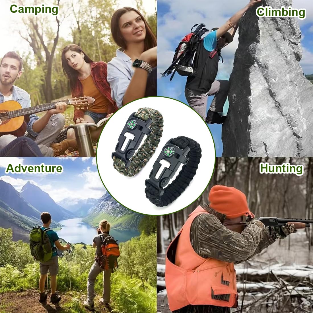 NJCXOLA Paracord brazalete Kit, Supervivencia al aire libre, 2PCS Paracord Bracelets, Kit Pulsera Paracord Supervivencia, Iniciador de fuego, emergencia cuchillo y silbato(Camuflaje+ferroso)