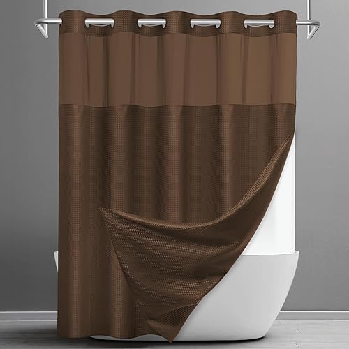 Miniatura 29 de Cortina de ducha sin gancho con forro a presión, cortina de ducha de gofre para baño, tela estilo hotel, forro interior impermeable, 71 pulgadas de