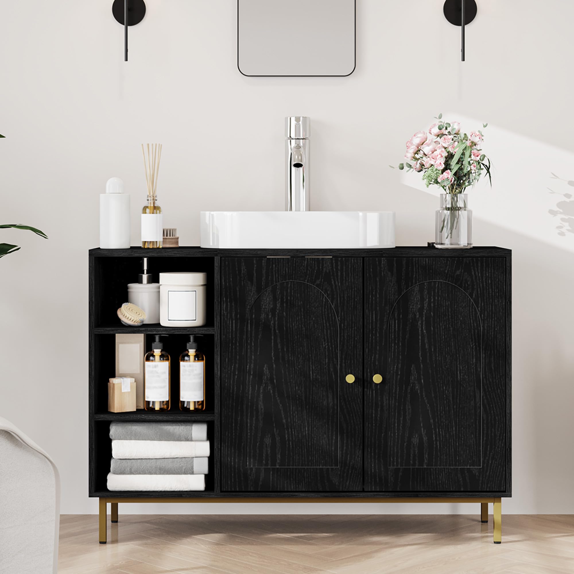 Hzuaneri Mueble Bajo Lavabo, Armario de Baño, con 2 Puertas, 2 Compartimentos, Balda Ajustable en Altura, Resistente a la Humedad, 30 x 90 x 63 cm, Negro BC09804G