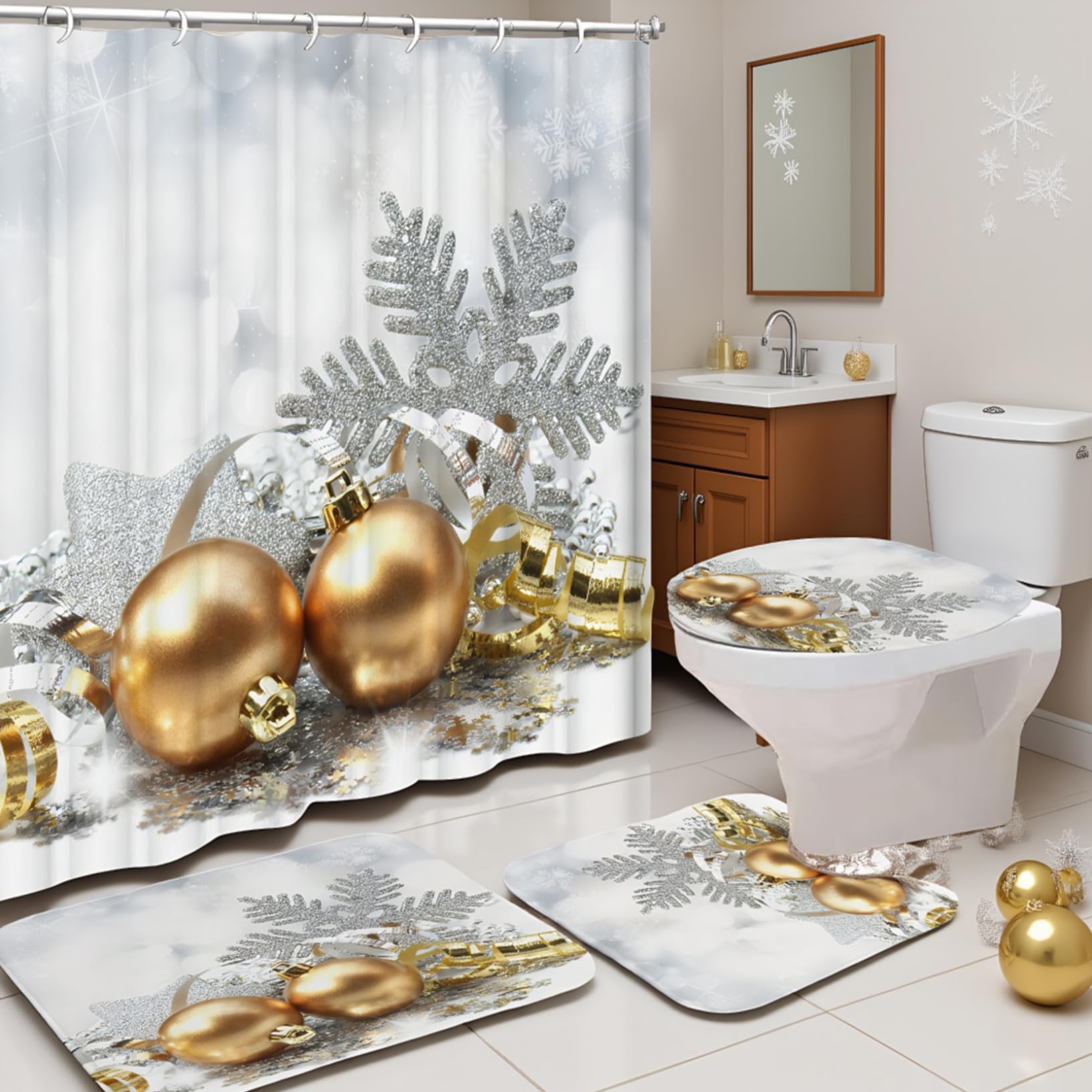 Ensemble rideau de douche Noël doré et blanc pour sublimer votre salle de bain