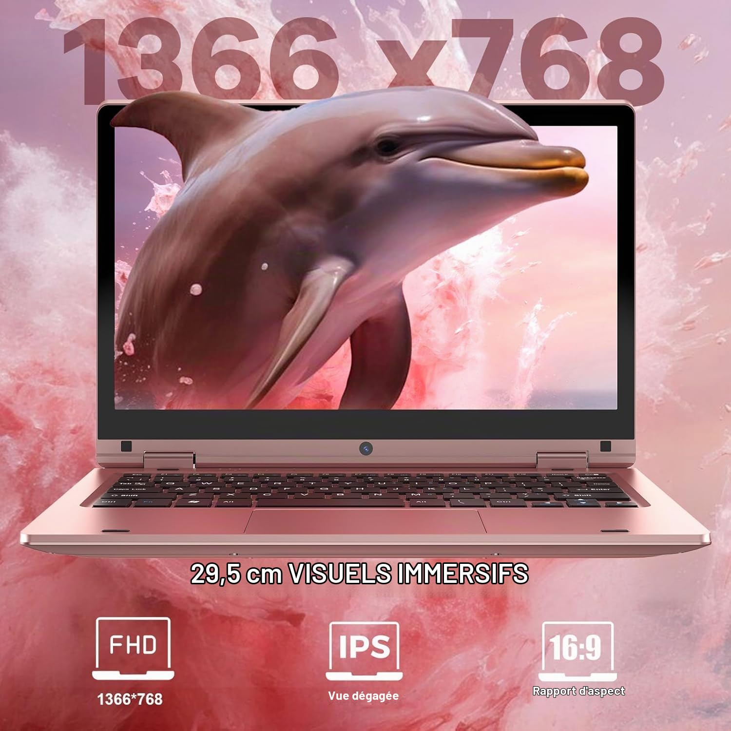 11,6'' Ordinateur Portable Tactile Pliable à 360°, Laptop Celeron N4020, 6Go RAM 128Go SSD, WiFi (2,4G/5G), Bluetooth, 1366 x 768 IPS, Webcam, PC Portable sur Mesure pour Les Professionnels - Rose