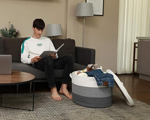 Miniatura 107 de Cesta de almacenamiento extra grande de 16 x 16 x 18 pulgadas con tapa, cestas de almacenamiento de cuerda de algodón, canasta de lavandería, Gris