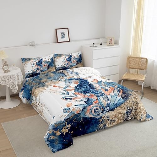 Miniatura 2 de Castle Fairy Juego de edredón de caballito de mar en acuarela para niños, tamaño matrimonial, juego de edredón con estampado de mármol azul
