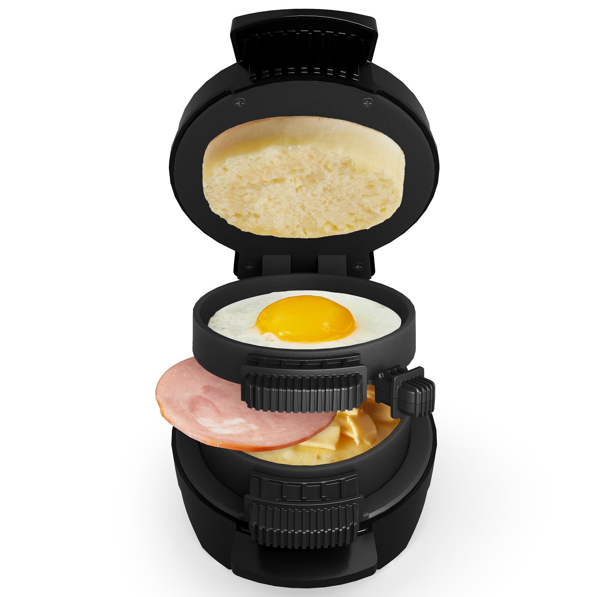 RoyalCraft Mini Burger Press Maker with Egg Cooker Ring, Black Breakfast Sandwich Maker with Non-Stick Plate, Electric Omelette Maker for Stuffed Burgers, Sliders, English Muffins