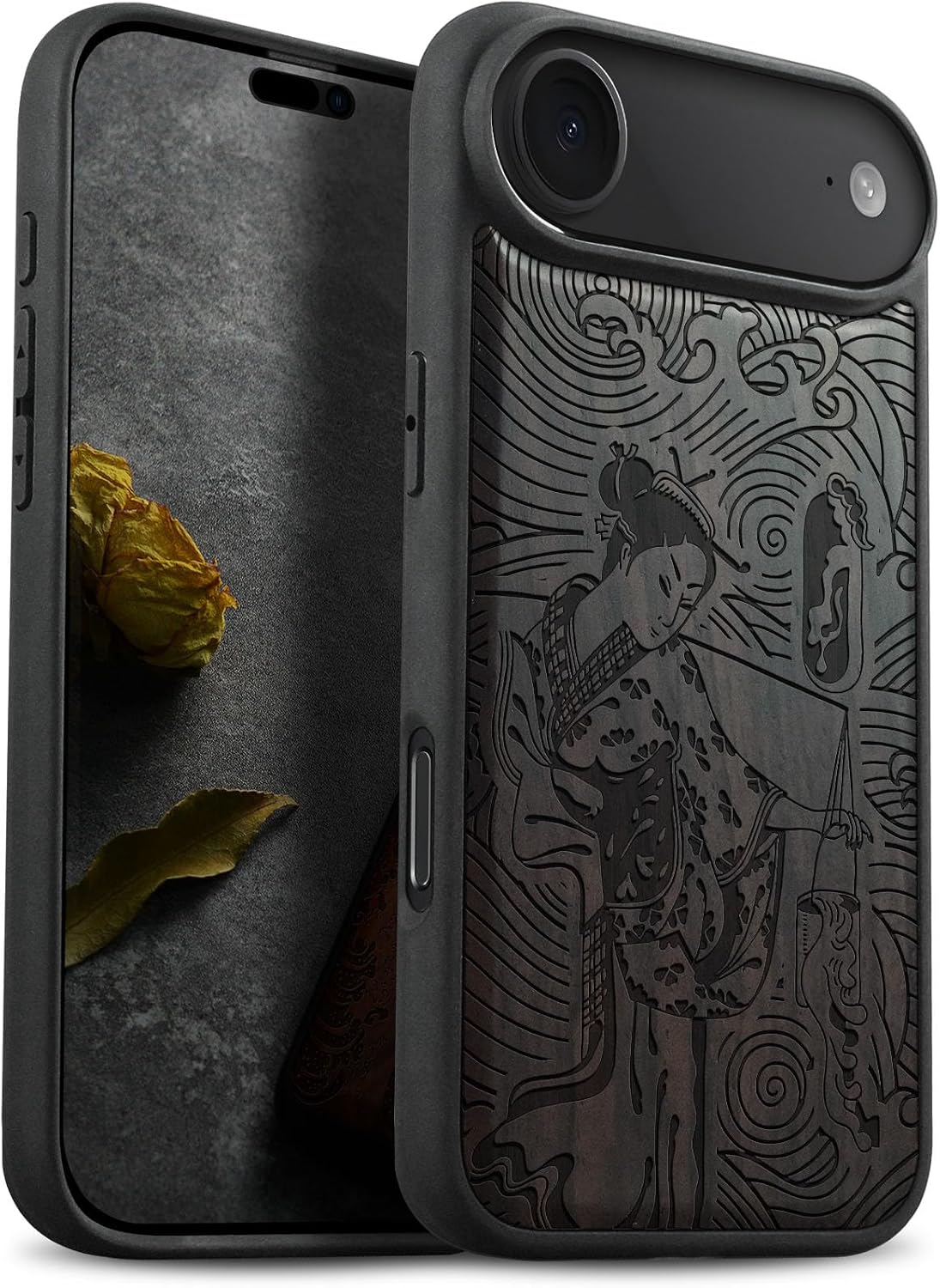 Carveit Magnetic Wooden Case for iPhone Air Case, Wood Artisan Engraved & Soft TPU Shockproof Cover, Compatible with MagSafe 17 Air Wireless Chargers (Japanese Geisha) Rosy