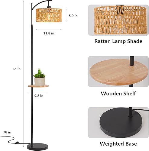 Miniatura 10 de Lámpara de pie bohemia, lámpara de pie de ratán con estante, mimbre de bambú bohemio, costera, rústica, tejida de madera tropical, lámpara de pie