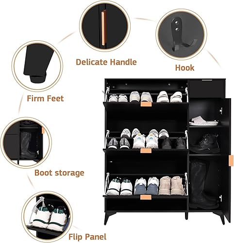 Miniatura 6 de ARTETHYS Armario de almacenamiento de zapatos delgado con puerta, armario de zapatos estrecho con 3 cajones abatibles y estante para botas para