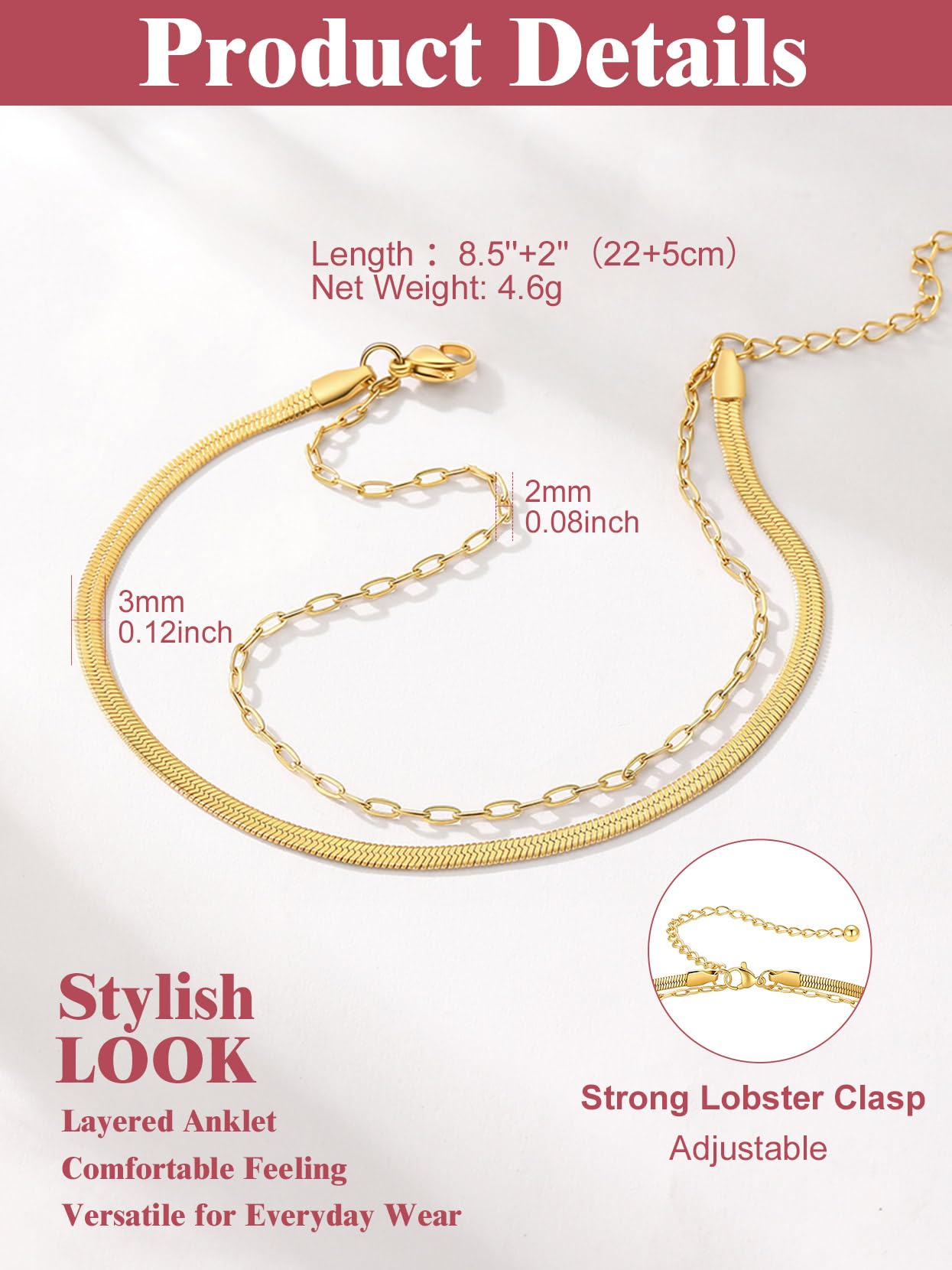 FOCALOOK Cavigliera Donna Argento/Oro/Nero Acciaio Inox, Catena a Strati Perla/Serpente/Maglietta, Gioielli Estate