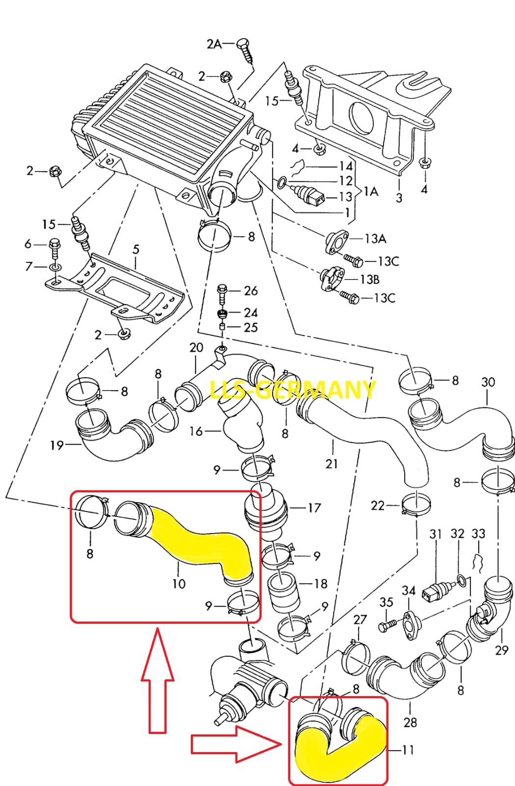 LLS-GERMANY 2x Ladeluftschlauch kompatibel mit VW T4 Transporter | 2.5 TDI, 2.5 TDI Syncro, 88 PS, 102 PS, 2461 ccm, 65-75 KW, einbaufertig, OEM 701145828, 701 145 828, 701145832A, 701145832