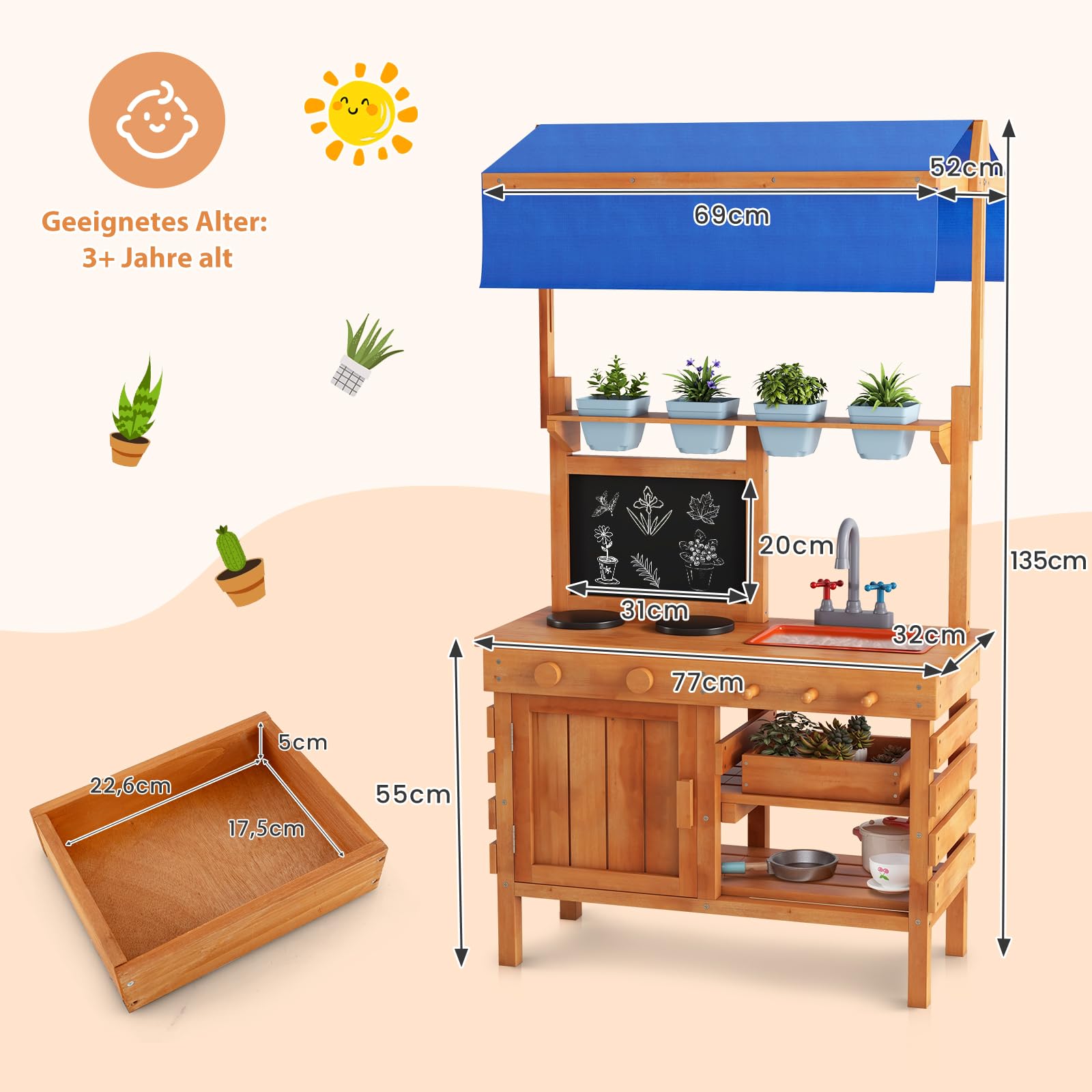 GOPLUS Matschküche Kinder Outdoor, Spielküche aus Tannenholz mit verstellbarem Baldachin, Spüle, 4 Töpfen, Stauraum & beschreibbarer Tafel, Kinderküche Gartenküche für Kinder ab 3 Jahren