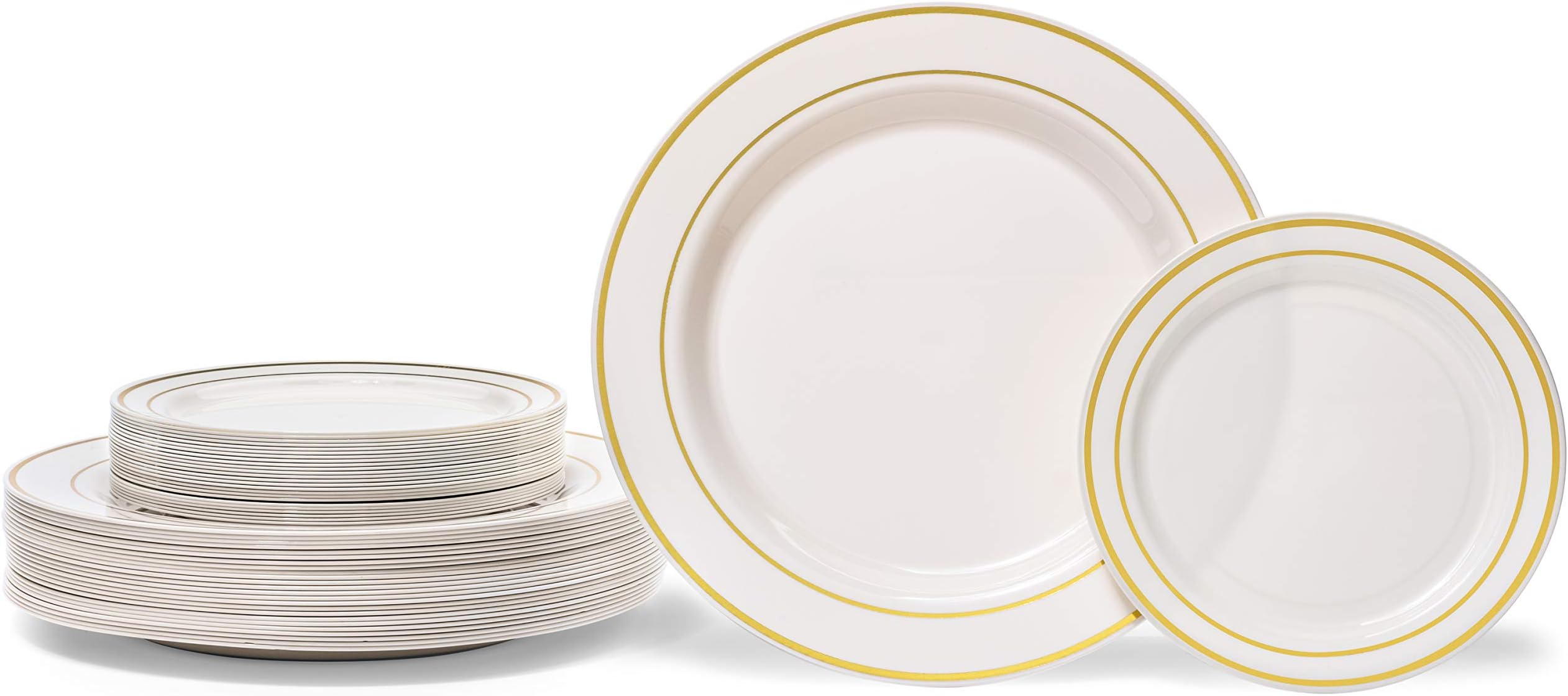 Premium Hard Plastic Gold Rimmed Ivory Plate Set By Oasis Creations - 25x9’’ & 25x6” - Washable & Reusable - Party Supplies For Birthdays, Celebrations, Buffets, Fiestas, Catering & More