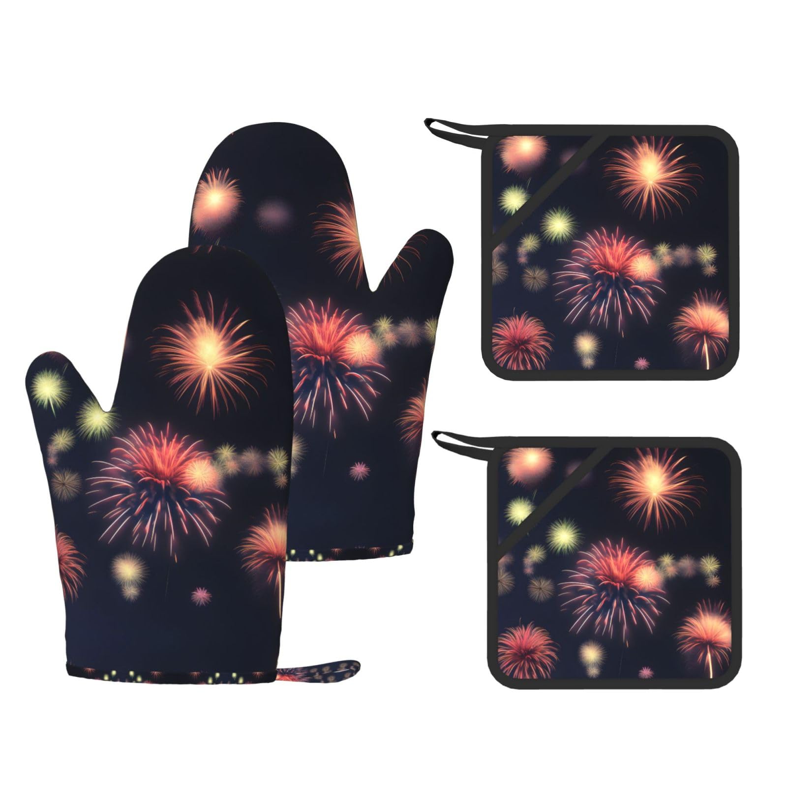 Explosion Firework 3D Printed Pot Holders and Oven Mitts 4-Piece, Non-Slip Kitchen Gloves with Utensil Pocket for BBQ