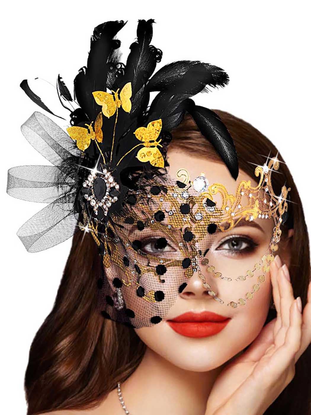 IYOU Women Masquerade Mask Gold Feather Ball Masks Venetian Prom Costume Mardi Gras Half Mask for Women, Black