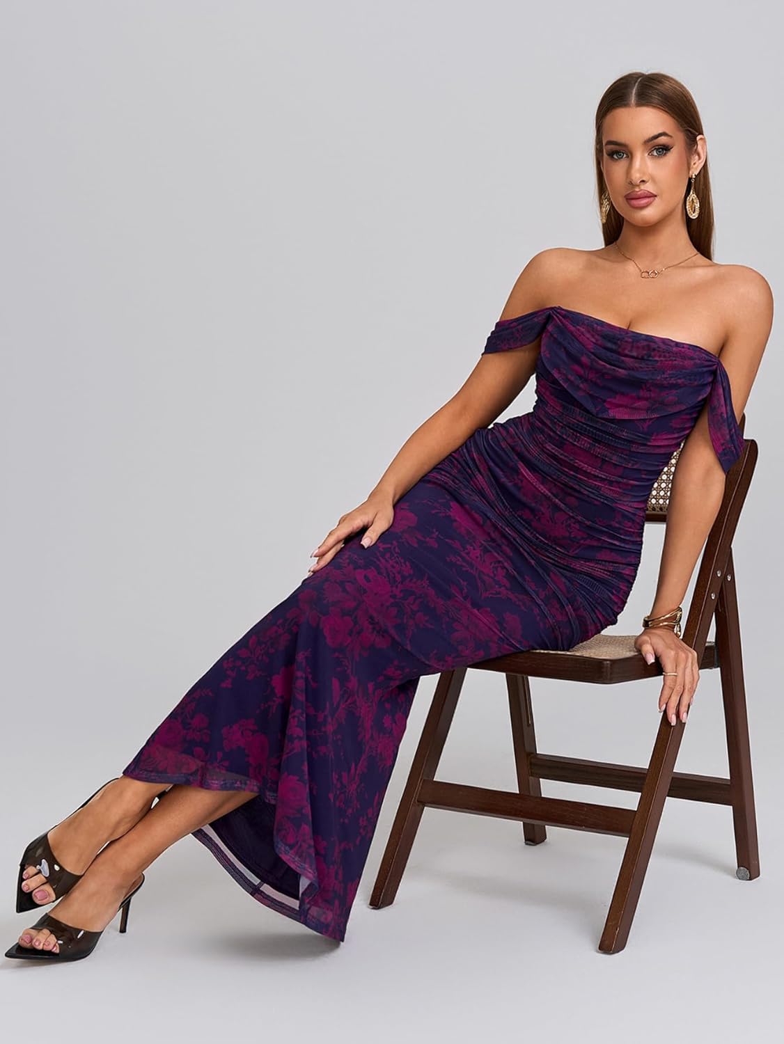 KUTUMAI Off The Shoulder Maxi Long Dress Corset Ruched Bodycon Formal Wedding Guest Dresses for Women - Image 5