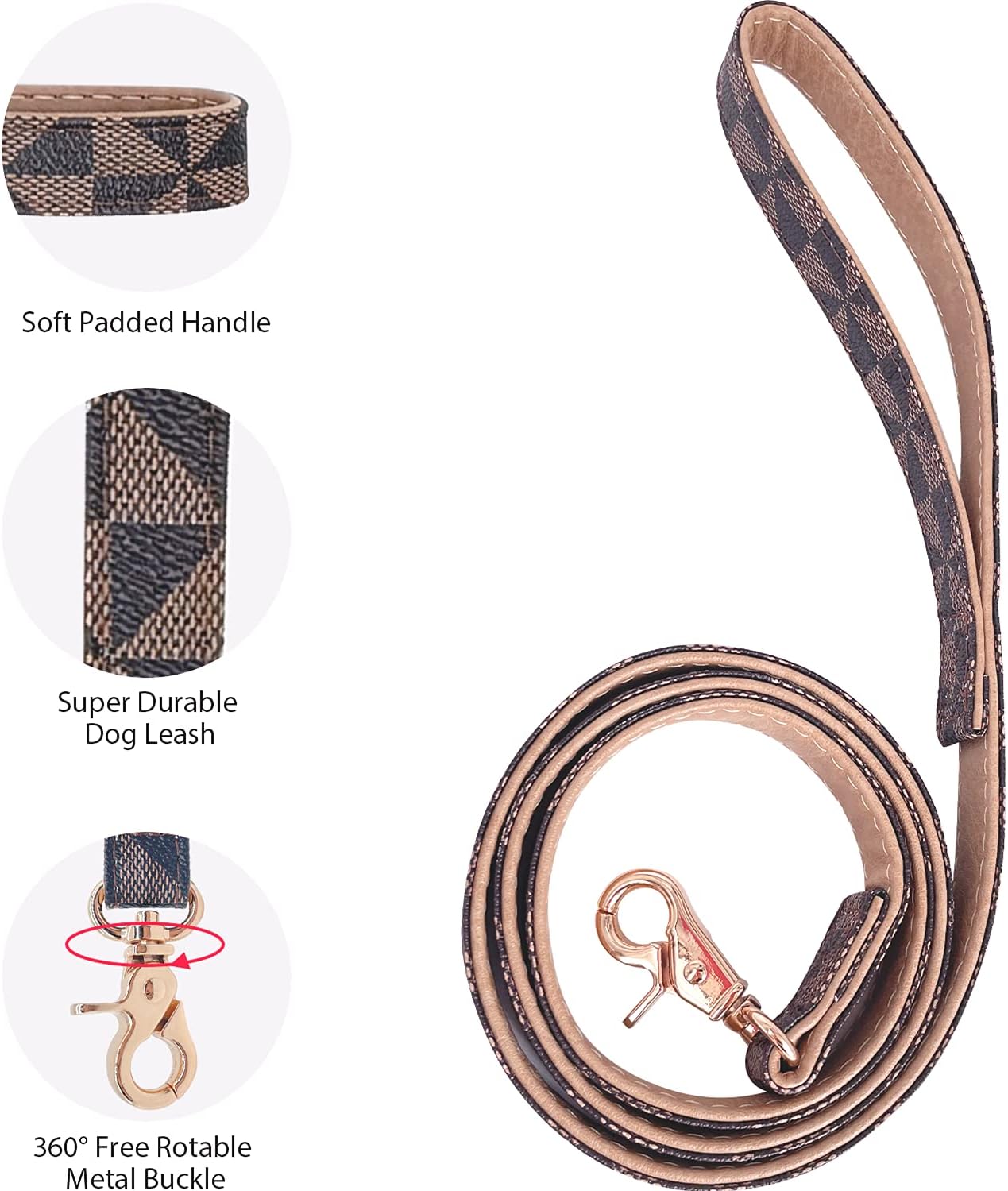 Dog Leather Collar and 4 ft Leash, KUDES Adjustable Basic Collar with Bell Leather Pet Leash Set, Checkered Pattern Durable Leather Collar and Leash with Metal Buckle for Small Medium Large Dogs