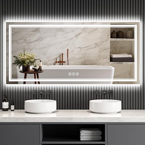 Espejo de baño iluminado de 55 x 30 pulgadas para pared, espejo de baño inteligente LED de vidrio templado con antiniebla, regulable continuo, 3