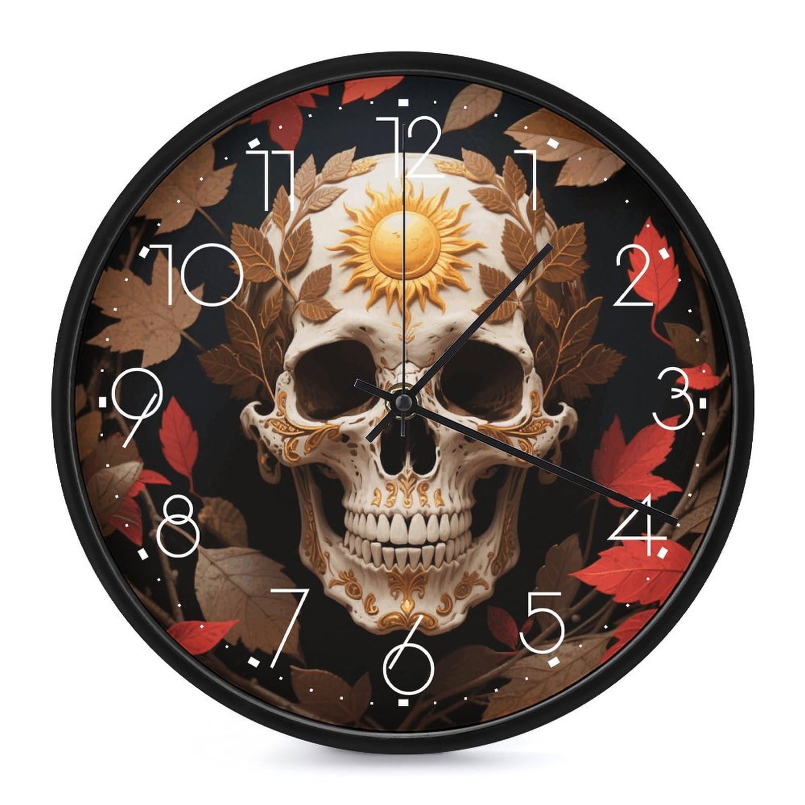 VIDI Horloge murale décorative en forme de crâne de soleil, horloge murale silencieuse à piles, 25,4 cm, horloge analogique moderne sans tic-tac, décoration pour cuisine, bureau, salle de bain