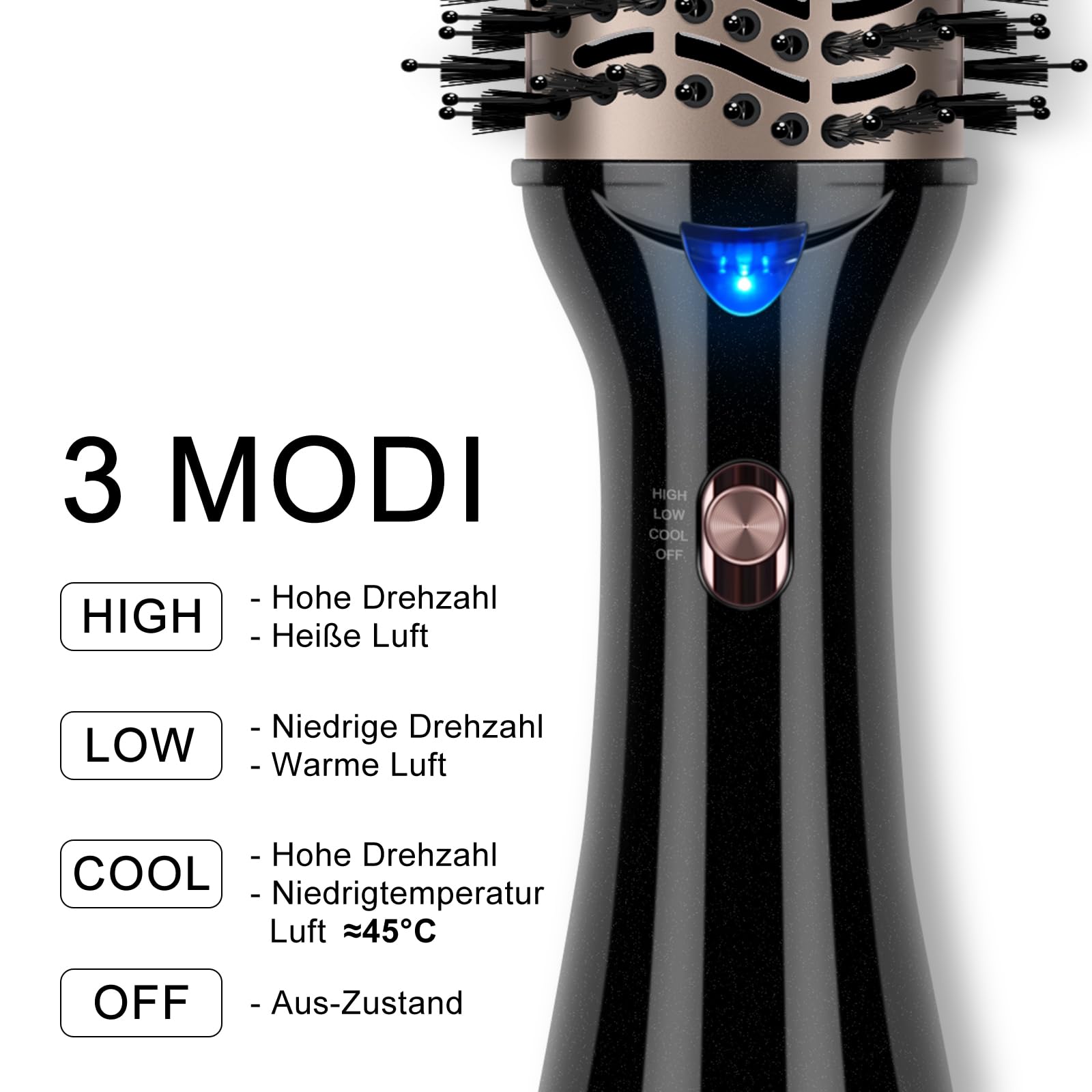 One-Step Warmluftbürste, PARWIN PRO BEAUTY Haartrockner und Volumenbürste, 4 in 1 Ovale Föhnbürste, Trocknen, Glätten und Volumen, Ionen Pflege, 1000 Watt, Schwarz