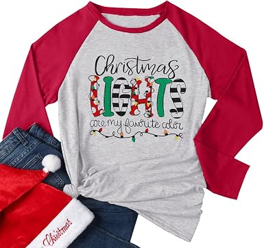 Amazon.com: Camiseta de manga larga para mujer, con luces de Navidad,  regalo de Navidad, raglán, béisbol : Ropa, Zapatos y Joyería