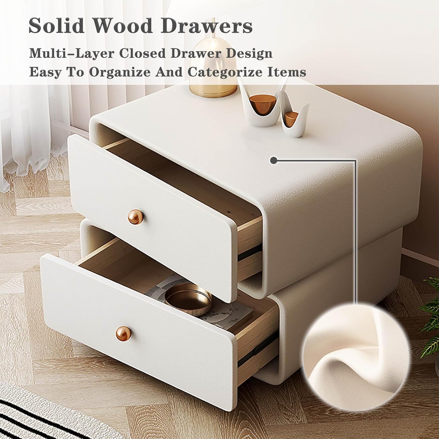 Beige Nightstand With 2 Drawers Night Stand 360° Rotating Desktop Bed Side Table With Solid Wood Legs Side Table With Metal Handles Modern Style Assembly Completed For Living Room Bedroom ( Color : Be