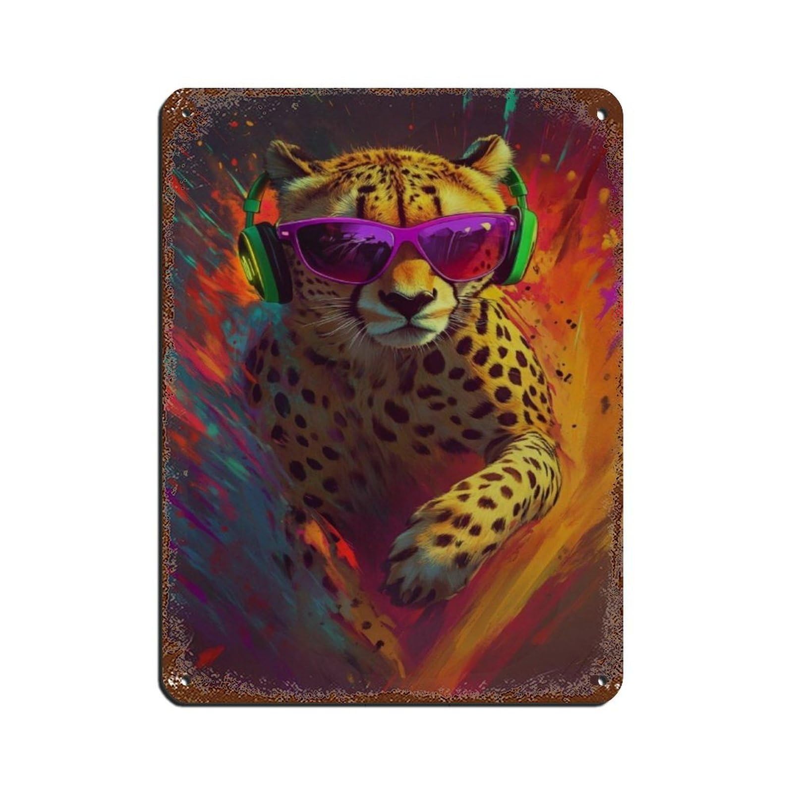 Lxwnze 30L X 40W Cm Colorful Cheetah Cool Cheetah With Sunglasses Tin Sign Vintage Metal Pub Club Cafe Bar Home Wall Art Decoration Poster Retro 12X16inch(30X40cm)