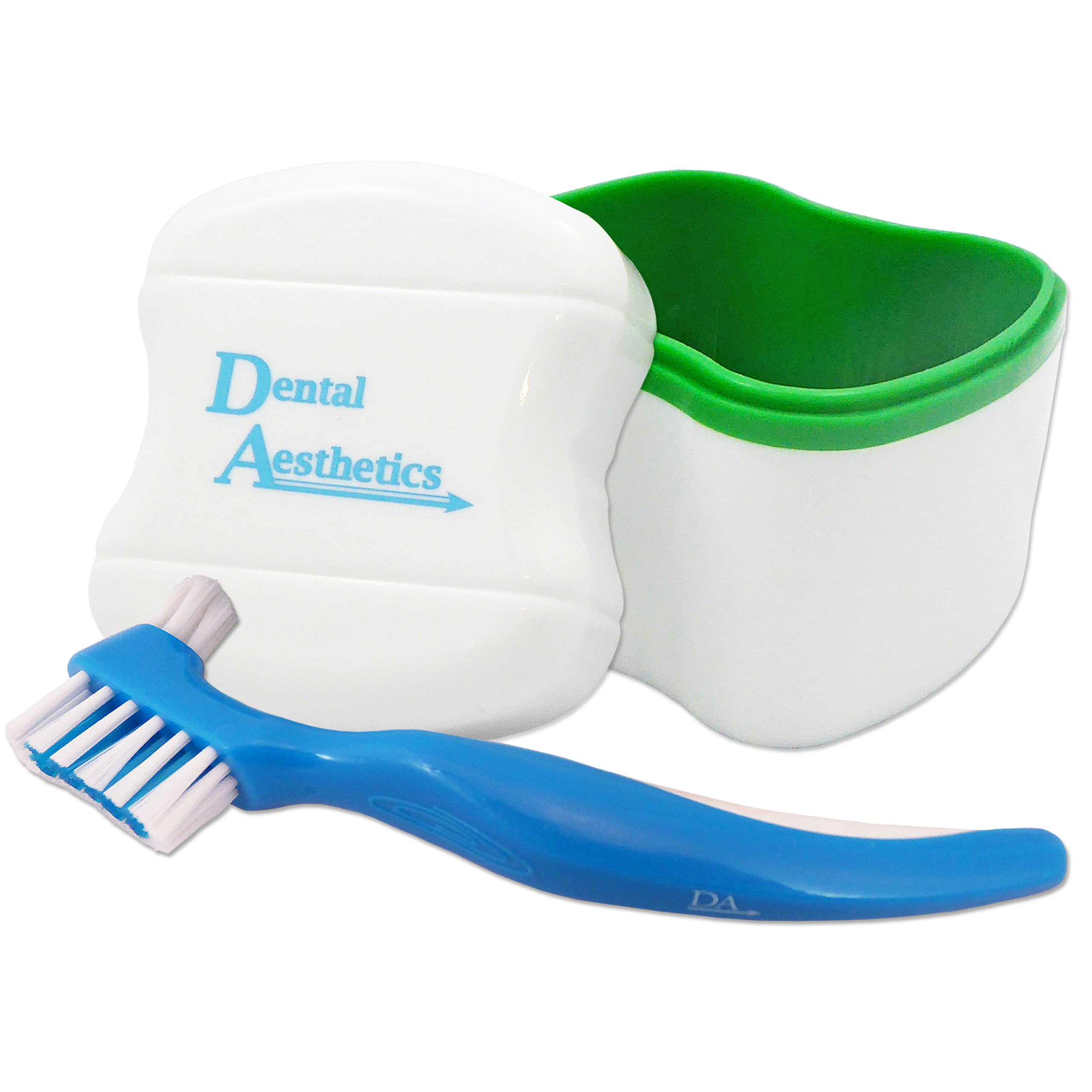 Dental Aesthetics Green Bath, Blue Brush Denture Bath & Brush ~ Storage Container For Soaking Dentures, Brush With Double Bristle Head (Green Bath, Blue Brush)
