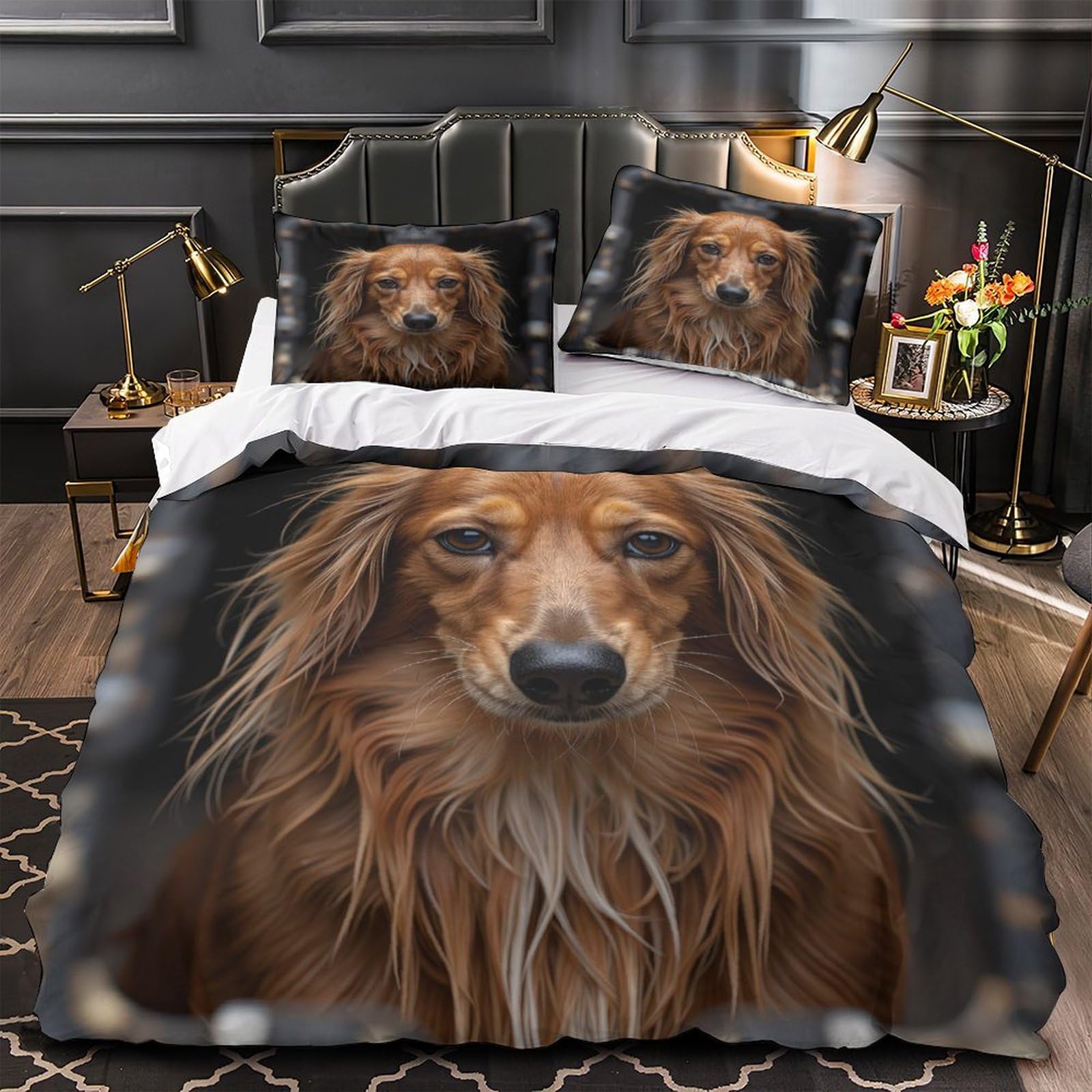 Housse de Couette Chien à Poil Long 3D King 220x240cm avec 2 Taies d'Oreiller en Microfibre