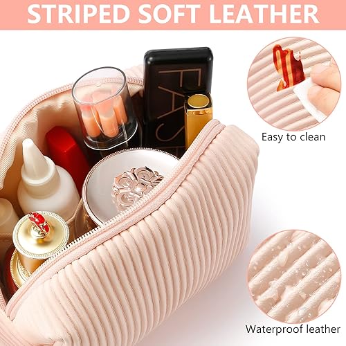 Miniatura 10 de LIYSOCA Bolsa de maquillaje de piel sintética a rayas, bolsa de aseo portátil de viaje, bolsa de cosméticos impermeable con asa, regalos de Navidad