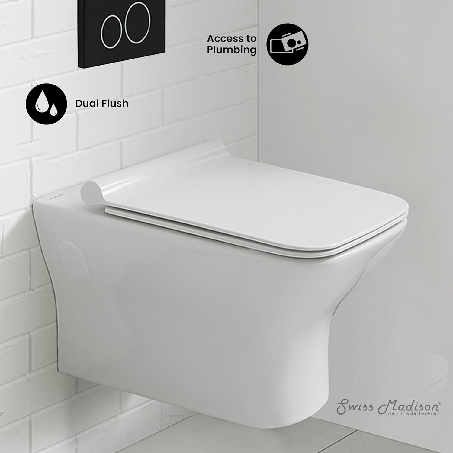 Swiss Madison Well Made Forever SM-WT455 Carré Wall Hung Toilet, Glossy White