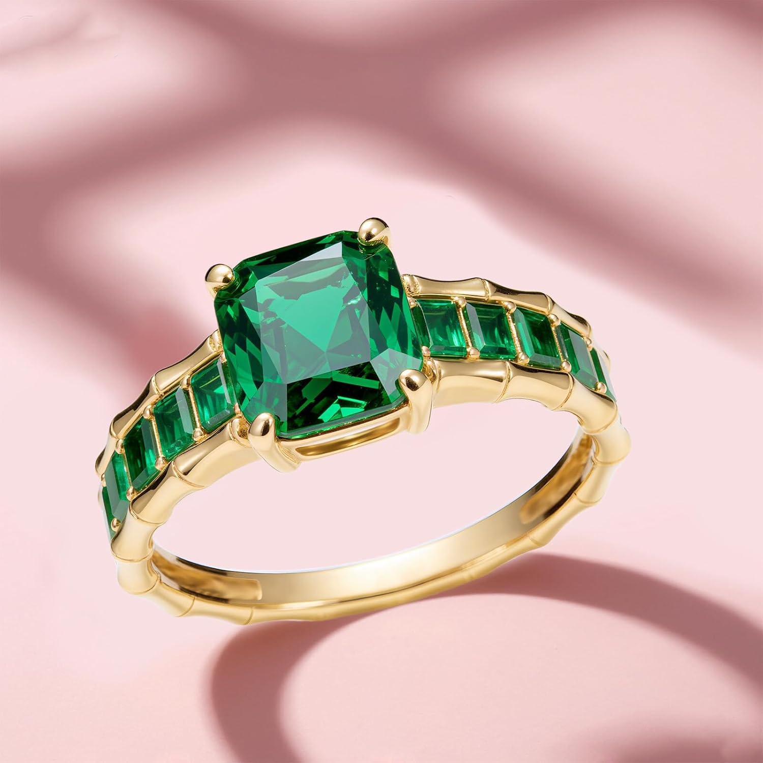 WSX Women's 2 Carat Square Cut Emerald Ring, 10K 14K 18K Solid Gold Engagement Ring, Wedding Anniversary Promise Band Gift for Her