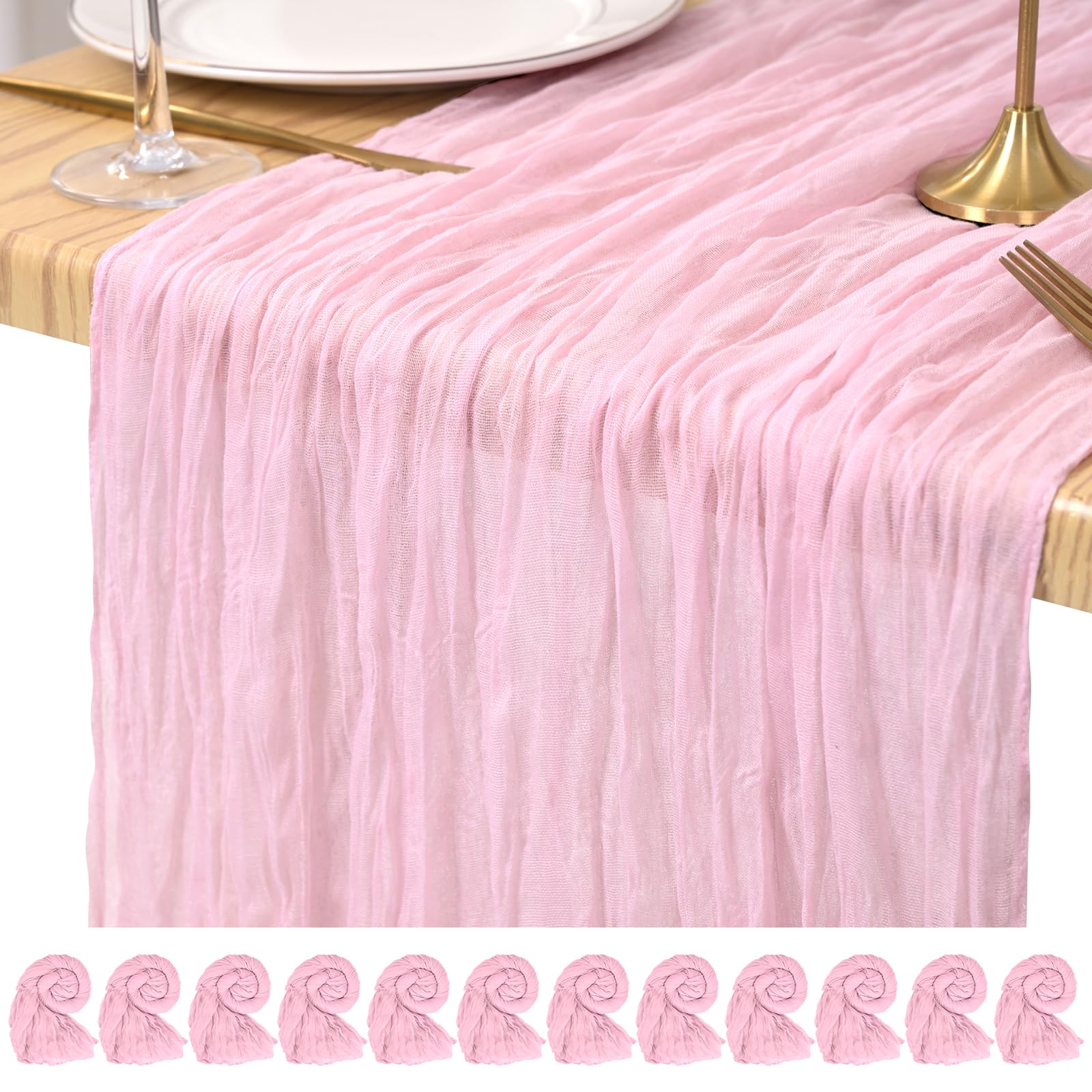 Pesonlook Cheesecloth Table Runner Light Pink, 12 Pack 17.7x108 inch, Long