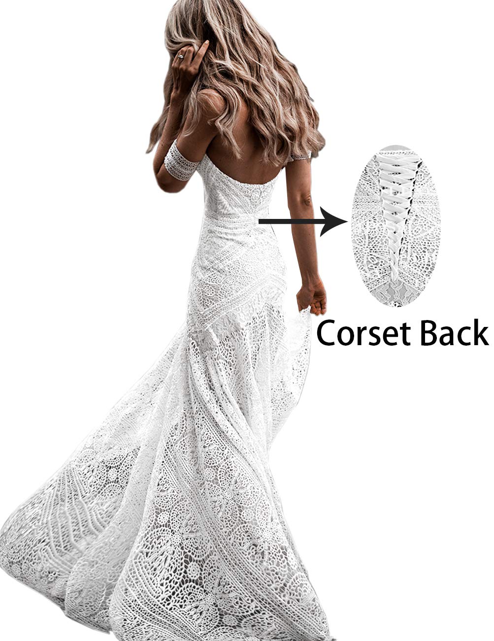 Women's Bohemian Wedding Dresses Sweetheart Mermaid Lace Bridal Gown: Ivory Lining-corset Back 8