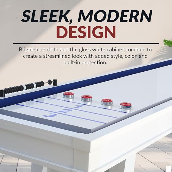 Hathaway Crestline 12 Ft Outdoor Shuffleboard Table for Patio, Yard & Deck - with Weatherproof Playfield, Built-in Scorer & Fitted Cover, Leg Levelers, 8 Pucks, Wax White Finish