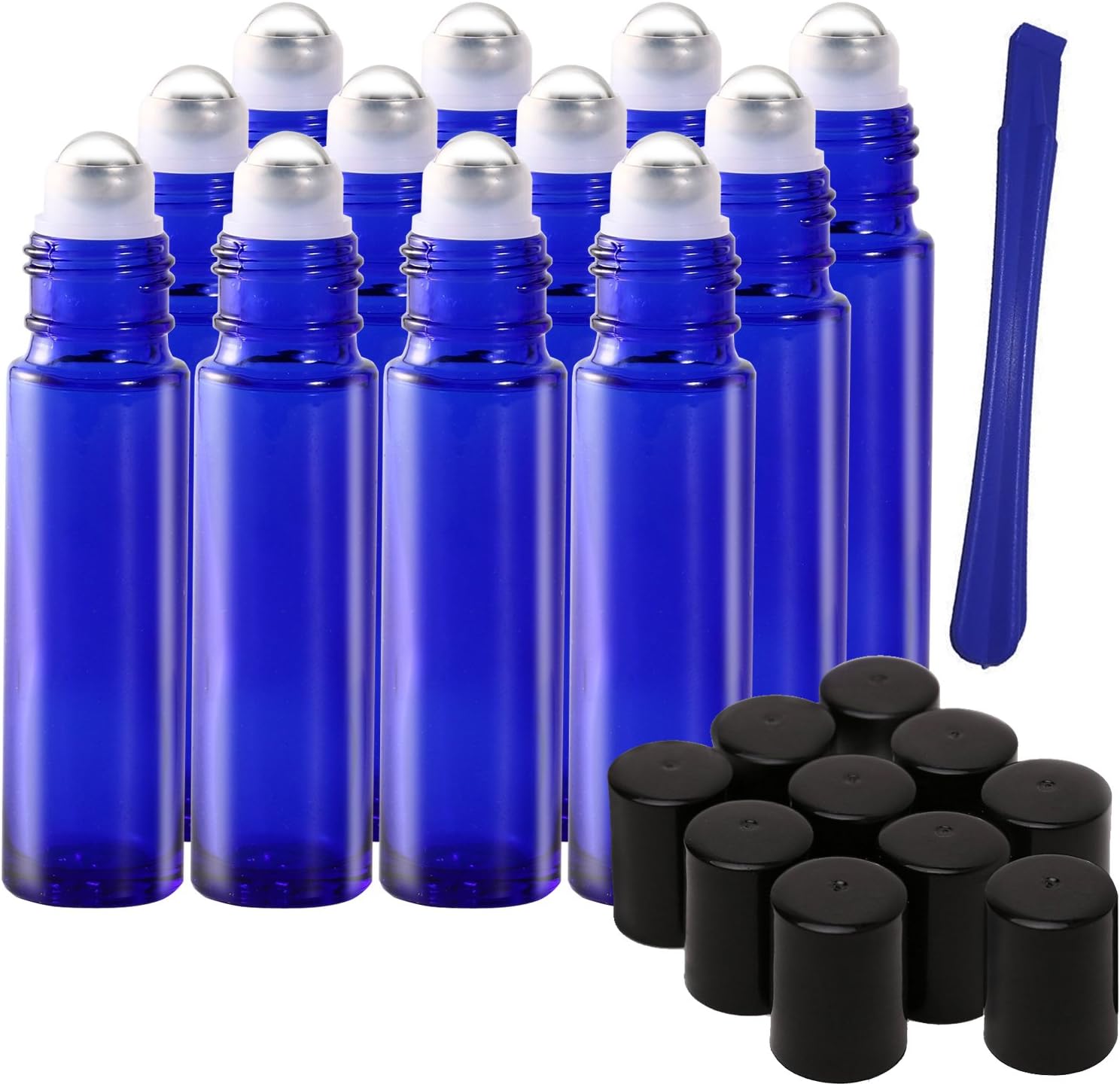 12Pcs, 10ml Blue Glass Roller on Bottles with Stainless Steel Roller Ball - Refillable Essential Oil Roller Bottles with Lid Opener Pry Tool & 1 Transfer Pipette, Great for Aromatherapy, Perfumes and