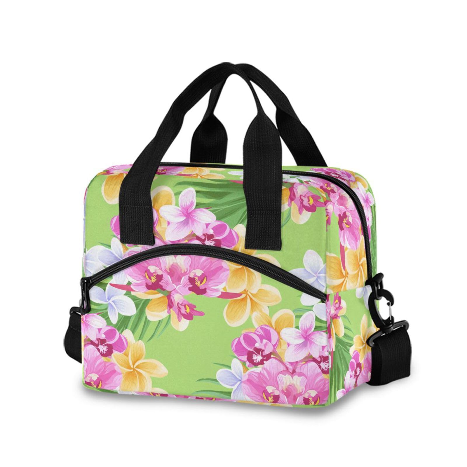 Sinestour Insulated Lunch Bag Reusable Cooler Orchid Plumerias Fronds Floral Lunch Box Adjustable Shoulder Strap for Men Women Adults