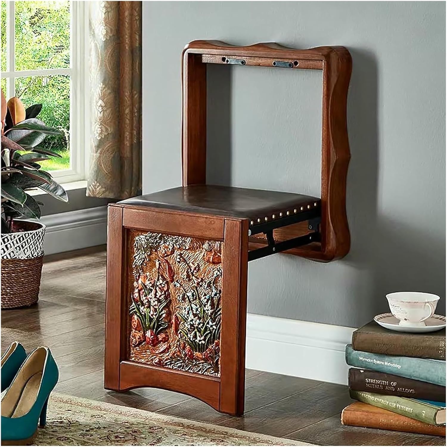 Invisible Folding Stool Chair for Entryway - Solid Wood Wall-Mounted Shoe-Changing Seat