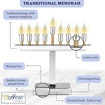 Transitional Electric Menorah with Gold Accents Highly Polished Chrome Plated Menorah Includes a Set of 9 Flickering Bulbs Hanukkah Candle Light Electronic Chanukah Minorah