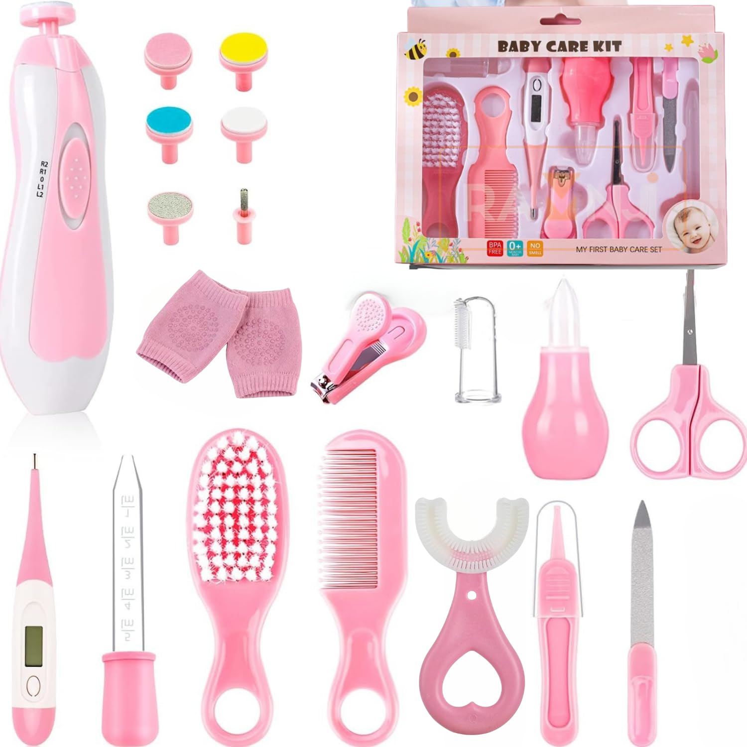 RAMNJI Electric Nail Drill Healthcare Accessories Kit for New Born Baby 13 in 1 Baby Grooming Kit Newborn Toddler Toes and Fingernails,Baby Nail Trimmer (BABY KIT PINK)