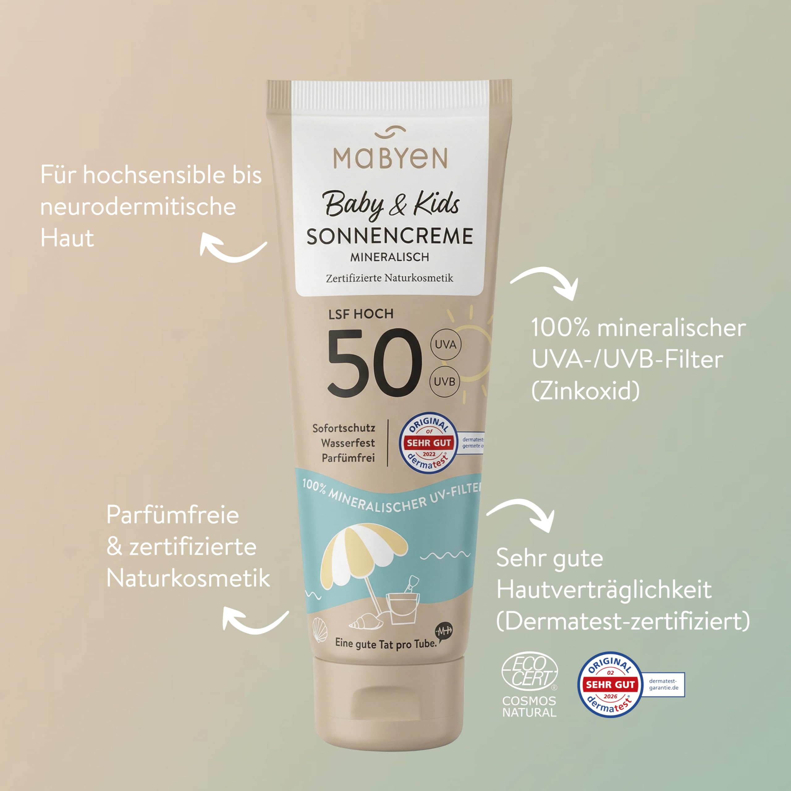 MABYEN Crème solaire 100% minérale pour bébés et enfants SPF 50, lot de 2 x 100 ml –avec filtre minéral UVA/UVB– résistante à l'eau, cosmétique naturel sans parfum, vegan