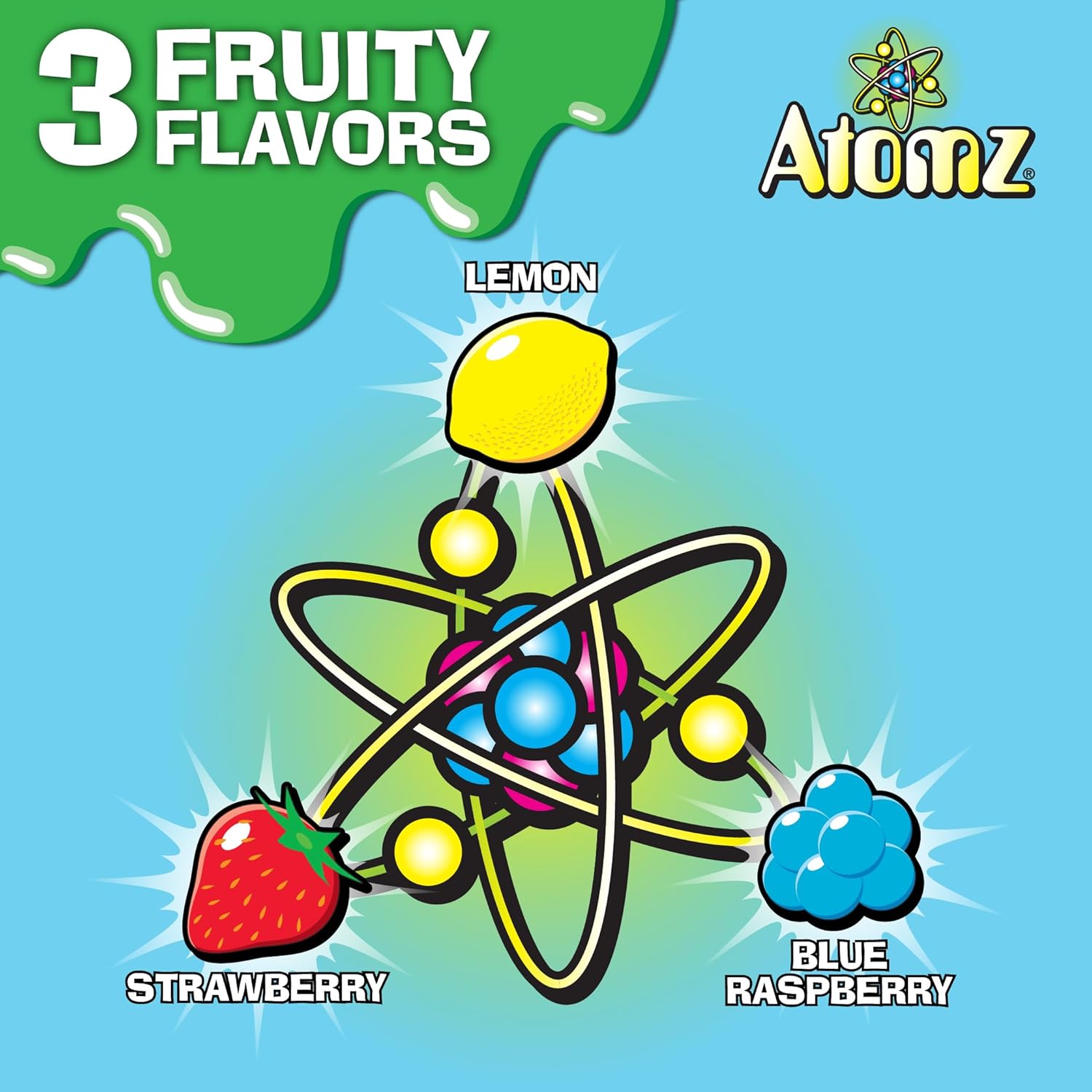 TOXIC WASTE - Atomz - Sour, Tangy, Chewy Candy - 3 Assorted Flavors: Lemon, Strawberry, & Blue Raspberry - 2.12 oz. Tubes - 12-Pack