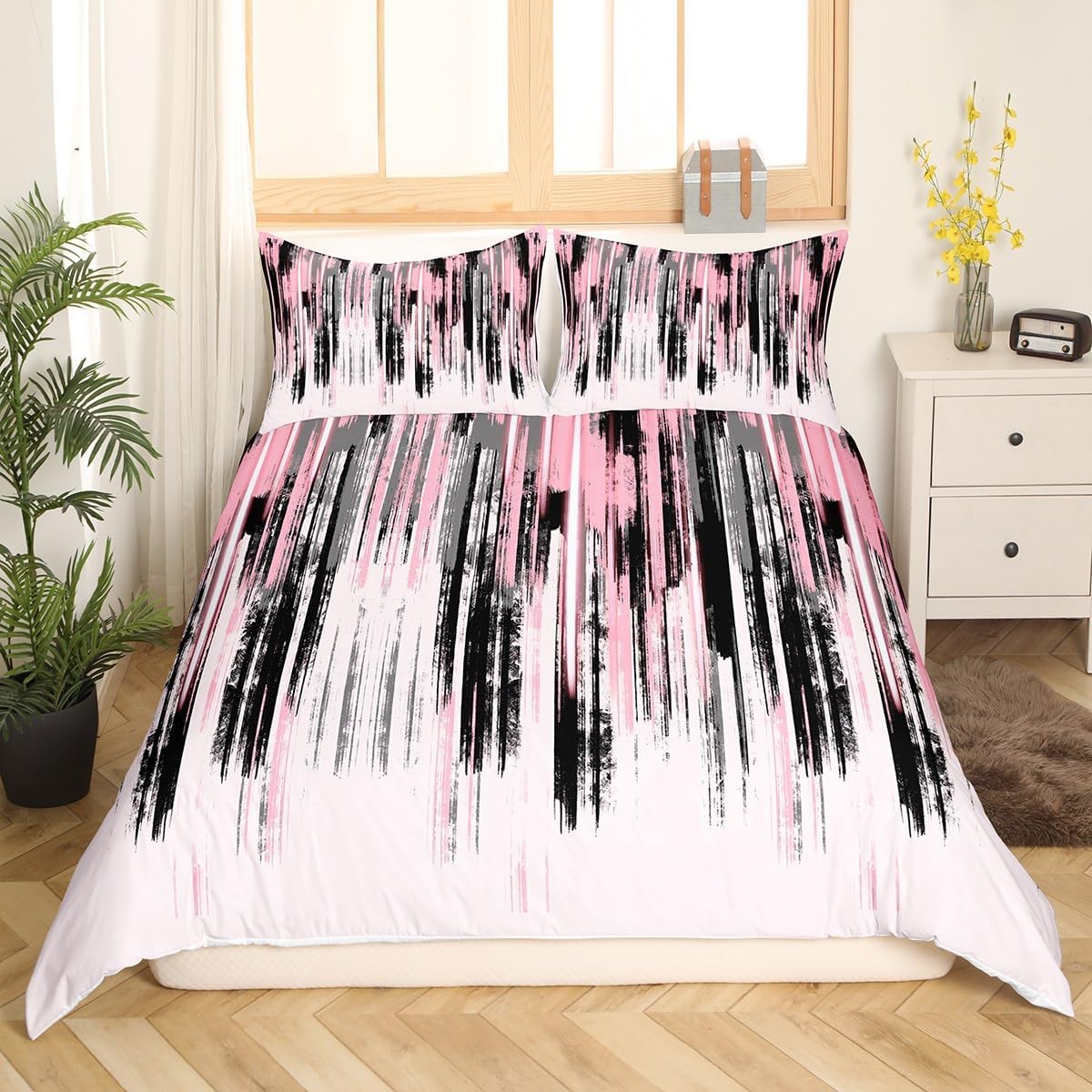 Feelyou Pink White Black Bedding Duvet Cover Set Kids Stripes Reversible Bedding Set Geometric Comforter Cover Set for Room Decor Modern Abstract Art Bedspread Cover Twin Size with 1 Pillow Case