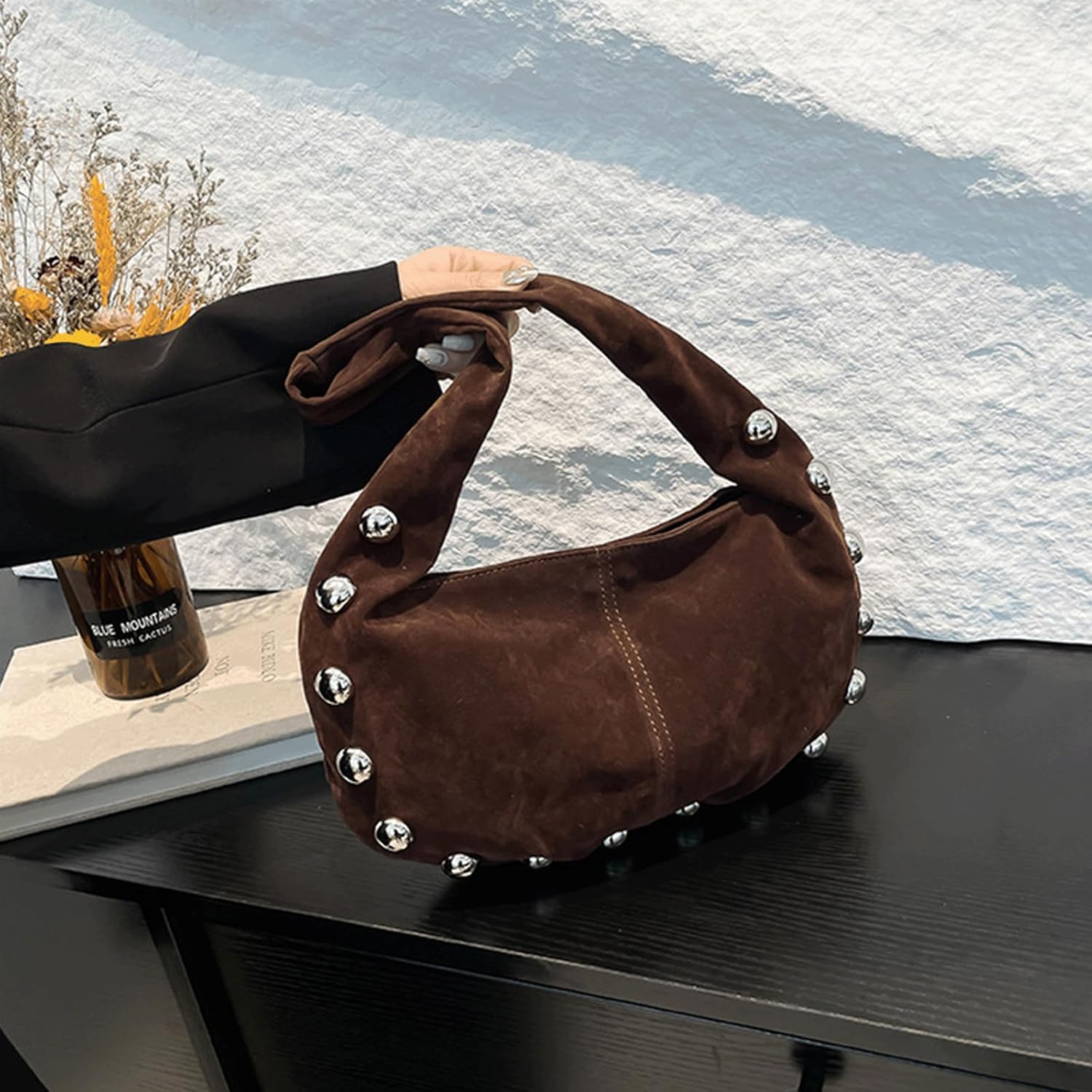 Suede Purse Studded Hobo Shoulder Suede Bag for Women Crescent Purse Soft Underarm Bag with Silver Ball Rivets Trendy Alt - Image 7