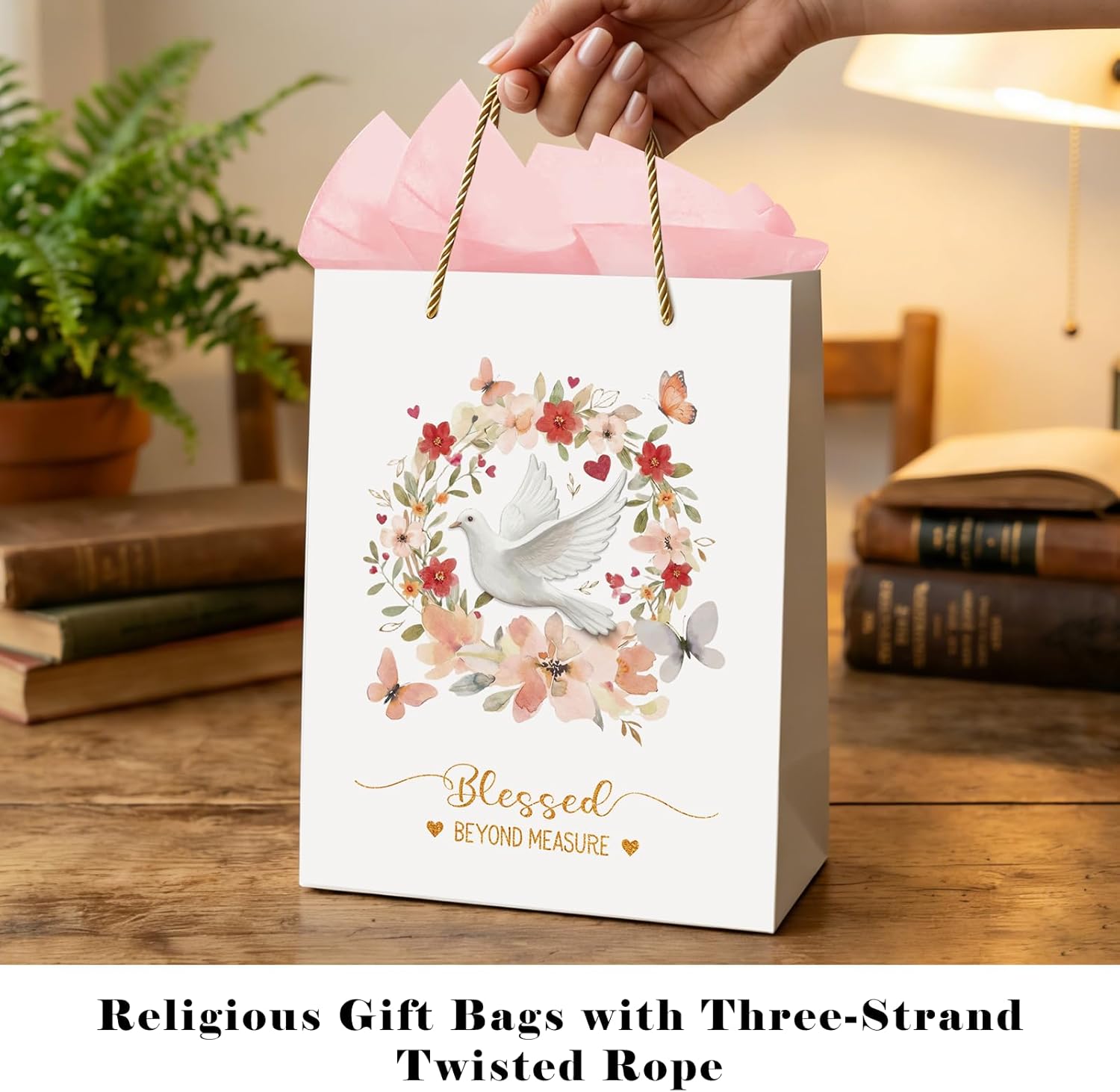 FLYAB White Dove Gift Bags Medium Size Christian Gift Bags with Pink Tissue Paper Blessed Beyond Measure Gifts Bags for First Communion Baby Shower Birthday Christening Religious Gifts 9''x5''x11.4'' - Image 3